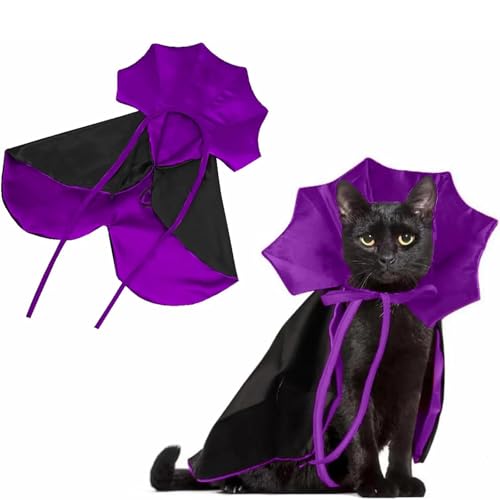 Qiansail Pet Cat Cape Vampire Cloak Halloween Costume Cosplay Apparel Outfit Decor Accessories for Puppy Kitten Small Animals (Black&Purple)