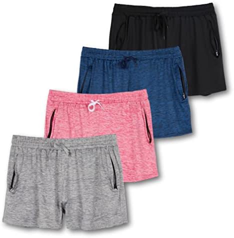 4 Pack: Women’s Ladies Active Athletic Performance Quick Dry Dri Fit Shorts Tennis Casual Workout 4" Inseam Summer Clothes Lounge Basketball Yoga Jogging Zipper Running Fitness Training,Set 7,L