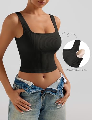 Image of OLCHEE Womens 3 Pack Crop Tank Tops Basic Seamless Ribbed Sleeveless Square Neck Workout Top Summer Exercise Yoga Gym Shirts