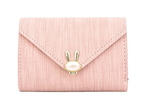 Wallet New Pearl Wallet Short Soft Leather Clip Fashion Three Fold Korean Student's Wallet Small Rabbit Wallet(Pink)