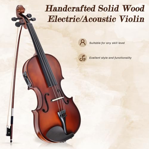Image of Electric /Acoustic Violin with Ebony Accessories - Perfect for Stage & Practice with Carrying Case, Violin Bow, Bridge, Shoulder Rest, Stickers, Tuner, Instruction, Handcraft with Maple, Spruce