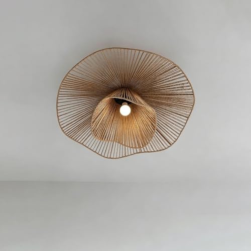 FWX Retro Stylu Lampa Sufitowa Z Rattanu, Ręcznie Robiona | Kreatywna Lampa Sufitowa W Stylu Boho,Abażur Z Naturalnego Lnu I Oprawka E27,Oświetlenie Do Salon Sypialnia Jadalnia(80cm)