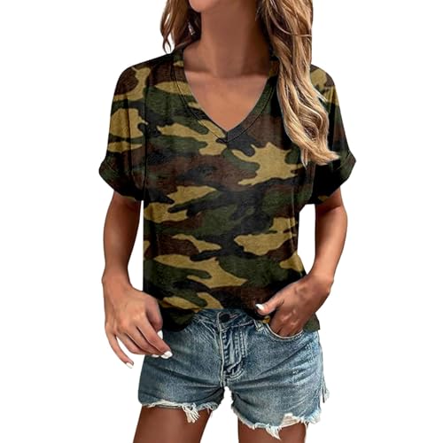 T-shirt pour femme avec motif camouflage - Haut décontracté à col en V au look militaire - T-shirt basique pour le quotidien, XXL