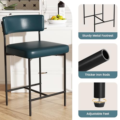 Image of Bar Stools Set of 2, Faux Leather Counter Height Barstools with Curved Back, 25 Inch Upholstered Bar Chairs, Modern Counter Stools for Kitchen lsland, Dark Blue