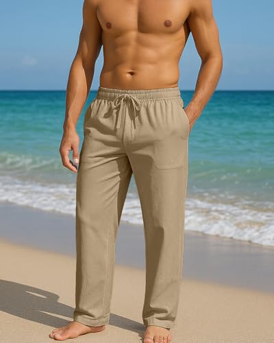 Image of PIDOGYM Mens Cotton Linen Pants, Summer Beach Pants Casual Loose Fit with Elastic Waist Drawstring