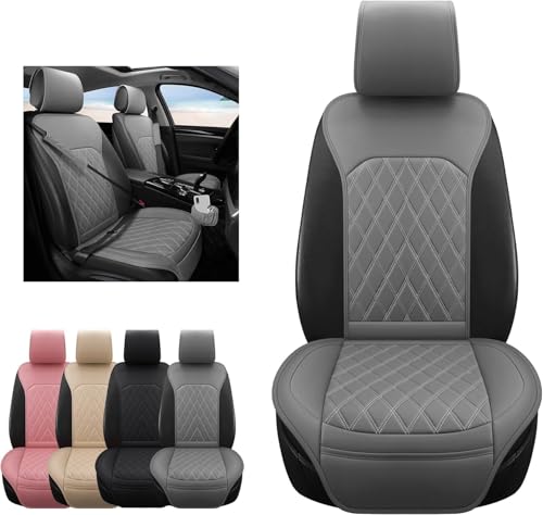 Image of Front Car Seat Covers - Leather Seat Covers with Storage Pocket and Two Belt Pads, Anti-Slip Waterproof Universal Seat Covers for Cars Fit Cars Trucks SUV(Grey,2 Pack)