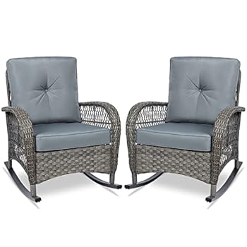 Alternative view of MEETWARM Outdoor Wicker Patio Rocking Chair Cushioned Rattan Rocker Chair for Porch, Deck, Poolside with Steel Frame, Weather-Resistant Gray Cushions, Set of 2