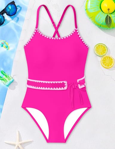Image of Girls Swimsuit Ruffle Solid One Piece Bathing Suits 7-18 Years | Teen Bathing Suits for Girls Ruched Sleeveless Girls' Swimwear