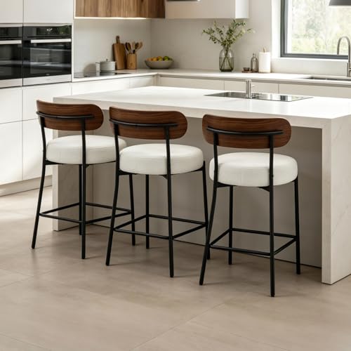 Butacos de barra Bouclé, set de 3 butacos de madera para altura de mostrador, butacos tapizados de 24 pulgadas con respaldo, sillas modernas para isla de cocina y barra desayunadora, estructura metálica, blanco miniatura 1