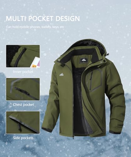 Image of Men's Mountain Ski Jacket Winter Snow Coats Waterproof Warm Fleece Lining Jacket Parka with Hooded