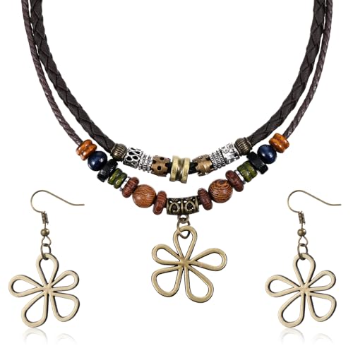 Lusofie Mehrlagige Halskette Holzperlen Mit Hohlen Blumen Ohrringen Boho Schmuck Ketten Und Ohrringe Hippie Böhmischer Holz Perlen Kette Geflochtene Vintage Halsketten Für Männer Und Frauen