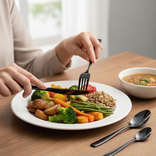 Image of 24 Pcs Black Mirror Polish Stainless Steel Cutlery Set for Dining Table with Spoons and Forks Set + Butterknives - The Perfect Tableware /Flatware