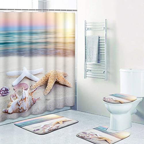Beach Ocean Starfish Bathroom Sets With Shower Curtain And Rugs Accessories, Beach Sea Starfish Shower Curtain For Bathroom Shells Ocean Sunset Bathroom Decor 4 Pcs #TOP2
