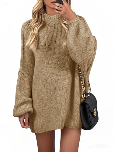 Wenrine Womens Oversized Sweater Dress Casul Puff Long Sleeve Fall Chunky Knit Loose Tunics Pullover Tops