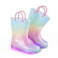 EUXTERPA Kid Wellies for Little Kids, Child Glitter Welly Boots Light Up Girls Rain Boots with Pull-On Handles Size 11 Ombre