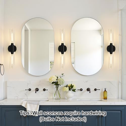 Image of Wall Sconces Set of Two,Matte Black Bathroom Sconces with Clear Glass, Hardwired Sconces Wall Decor Set of 2, Modern Wall Vanity Light Fixtures for Bathroom Mirror Bedroom Living Room Hallway