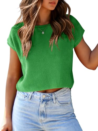 Image of Saodimallsu Womens Cap Sleeve Crop Tops Summer Trendy Going Out Crew Neck Loose Knit Cropped Sweater Vest Tank Top