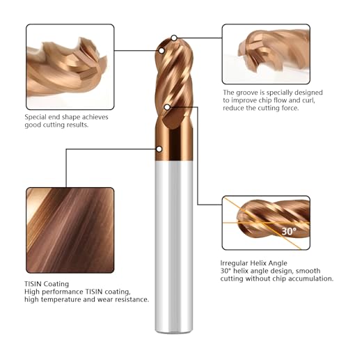 Image of Carbide Ball Nose End Mill Bits Set - 1 /2 inch Shank Dia - TISIN Coated - 4Flutes CNC Cutting Tools for Alloy Steels, Hardened Steels, Cast Iron
