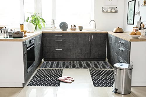 Kit Tapetes e Passadeira Antiderrapante Para Cozinha 3 Peças Arabesco Preto e Branco