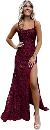 Women Mermaid Tight Sequin Lace Prom Dresses Evening Gown with Slit Spaghetti Straps Club Night Out Party Dress