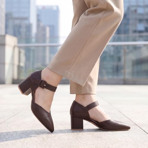 Image of RIBONGZ Comfortable Kitten Heels for Women Pointed Closed Toe Ankle Strap Buckle Heels Slip on Low Heel Church Pumps Wedding Bridal Party Dressy Shoes