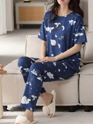 Image of Women's Korean Style Night Suit Set | Cotton Half Sleeve Top & Pyjama Set | Round Neck Printed Nightsuit | Comfortable Nightwear & Loungewear for Women | Sleepwear Pjs Lounge Set |Co-ords Outfit