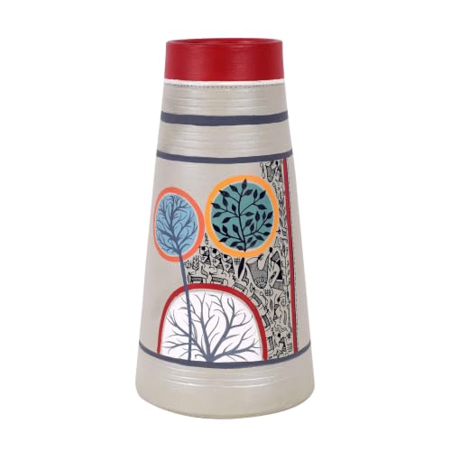 Image of Aakriti Art Creations Redwood Groove Terracotta Pyramid Vase | Hand-Painted Warli Art Multicolor| Matte Finish Decorative for Living Room, Table & Floor Decor