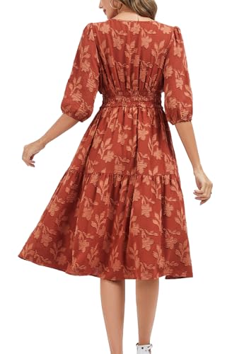 Image of Kormei Women Casual Boho Floral Round Neck 3 /4 Sleeve Smocked Waist Tiered A Line Flowy Swing Midi Dress Long Dresses