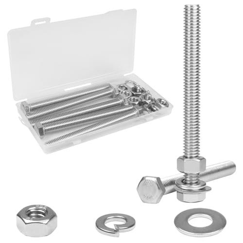 Yinpecly 5 Sets 3/8-16x4 Hex Head Screw Bolt, Nuts, Flat & Lock Washers, Stainless Steel 304, Machine Fully Thread Hex Bolts, Bright Finish Hexagon Bolt, Nuts and Bolts Assortment Kit