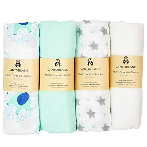 Cantoblanc - MUSELINAS bebé ALGODÓN BAMBÚ 120x120 cm, 4 UDS Extra Suaves. Arrullo Bebé Recién Nacido Verano. Toalla Playa Bebé Manta Bebé Recién Nacido. Gasas para Bebés. Muselina Bambú