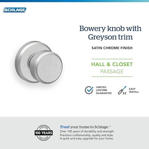 Image of SCHLAGE F10 BWE 626 GSN Greyson Collection Bowery Passage Lock Knob, Satin Chrome - F10 BWE 625 GSN