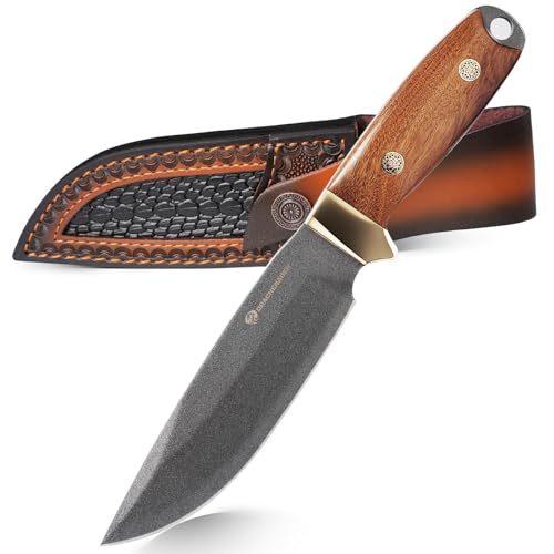 DRACHENADER Navaja de caza, Cuchillo de caza de hoja fija con funda de cuero, mango de madera para camping, senderismo