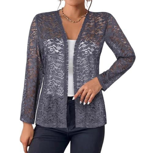 Women's 3/4 Sleeve Lace Print Bolero Shrugs Lace Open Front Sweaters Crochet Hollow Out Crop Cardigans