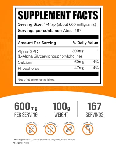 Image of BulkSupplements.com Alpha GPC Powder - Choline Supplements, Alpha GPC 300mg - Unflavored & Gluten Free, 600mg per Serving, 100g (3.5 oz) (Pack of 1)