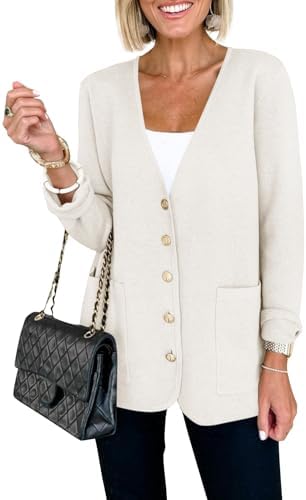 Saodimallsu Womens V Neck Cardigan Button Loose Knit Sweater Blazer Open Front Elegant Cardigans with Pockets
