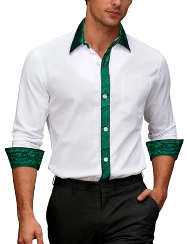 Ailisus Camisas de manga larga para hombre, con contraste exterior, casual, ajuste regular, con botones, para fiestas, negocios, bodas, tallas S-3XL, Blanco y verde cazador, M