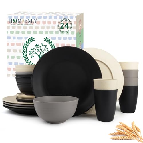 Image of Homienly Wheat Straw Plates and Bowls Set, Lightweight & Unbreakable Dinnerware Set for Kitchen, Parties, Holidays, Microwave and Dishwasher Safe Dish Set - Plate Sets, Bowls, Cups, 24pcs (Grey Stone)