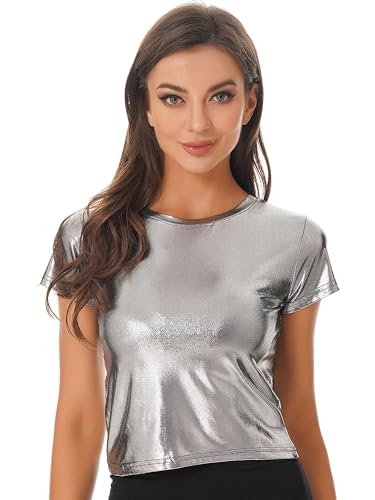 Hedmy Women's Shiny Metallic Tops Holographic Crop Top Short Sleeve T Shirt Vest Disco Party Blouse