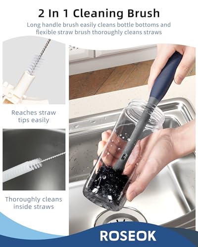 Image of ROSEOK 2 in 1 Bottle Brush with Straw Cleaner Brush, Water Bottle Brush | For Cleaning Glass, Sports Bottle, Coffee Mug, Cup Cleaner, Gray, 1 Pack