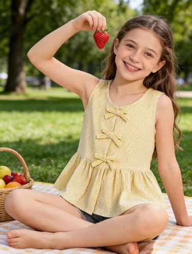 Image of Girls Sleeveless Striped Shirts Bowknot Tank Tops Cotton Peplum Babydoll Top