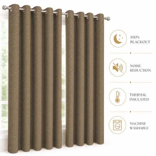 Image of LINENWALAS 100% Blackout Curtains for Window (5 Feet) - Set of 2 Panels, Herringbone Linen Texture Complete Light Block, Thermal Insulated & Noise Reducing Room Darkening Drapes (Coffee Brown)