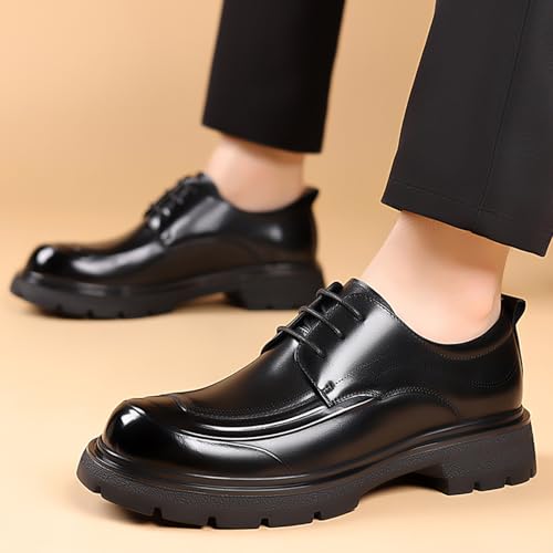Image of Men's Genuine Leather Platform Chunky Heel Oxford Shoes Classic Casual Lace Up Round Toe Lug Sole Dress Derby Shoes Work Office Business Height-Increasing Shoes