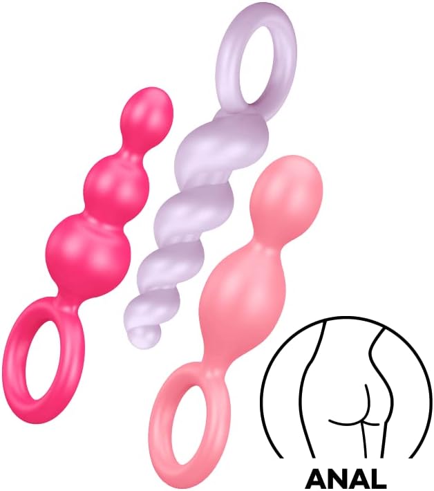Satisfyer Anal Plugs 3 Piece Set - Butt Plug, Anal Dildo, 3 Different Structures, Soft Silicone, Increasing Diameter, Retaining Ring - Ideal for Beginners and Anal Training (Pink/Purple)