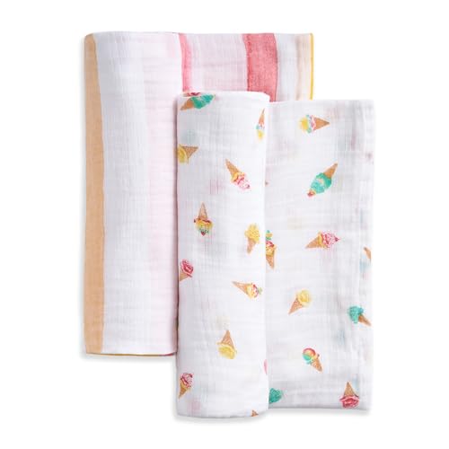 Image of aden + anais Essentials Cotton Muslin Swaddle, Breathable Baby Blanket, Ideal for Boys, Girls, Newborns, Babies & Infants, Receiving Blanket, Soft and Lightweight Wrap, 2 Pack, Ice Cream Dreams