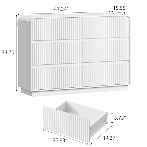 Image of Wodeer White Dresser Fluted 6 Drawers Dresser for Bedroom, 47 inch Wide Wood Chest of Drawers with Hidden Handles & Rounded Corners, Modern TV Stand Storage Cabinet for Living Room, Hallway, Entryway