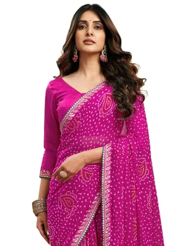 Image of SIRIL Women's Georgette Bandhani Printed Saree, Traditional Wedding Sarees For Women With Unstitched Blouse Piece