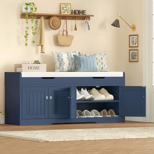 Image of TEENFON 3-Tier Storage Bench, 47.2 inch Wide Shoe Bench with Lift Top Storage & 2 Adjustable Shelves, Entryway Bench with Padded Seat Cushion, Shoe Cabinet Bench for Entryway, Living Room, Bedroom (Blue)