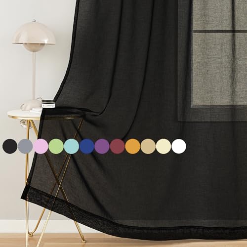 Image of Sheer Curtains 84 inch Length 2 Panels Set, Semi Sheer Privacy Curtain Drapes, Black Rod Pocket Window Treatments Voile Curtains for Windows Living Room Bedroom Sunroom French Doors, 52 inchW x 84 inchL