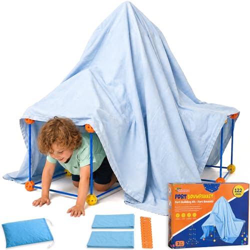 Tiny Thinkers Kit Construction Cabane Enfant XL + Couvertures et Pinces, 122 Pièces avec 76 Tiges & 46 Boules, Jouet STEM Créatif, Construire Fort, Tente & Château, Sac de Rangement & E-Book Inclus