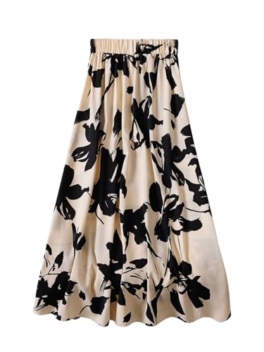 WDIRARA Women's Floral Print Ruffle Flowy Flared Skirt Boho High Waisted A Line Long Skirts